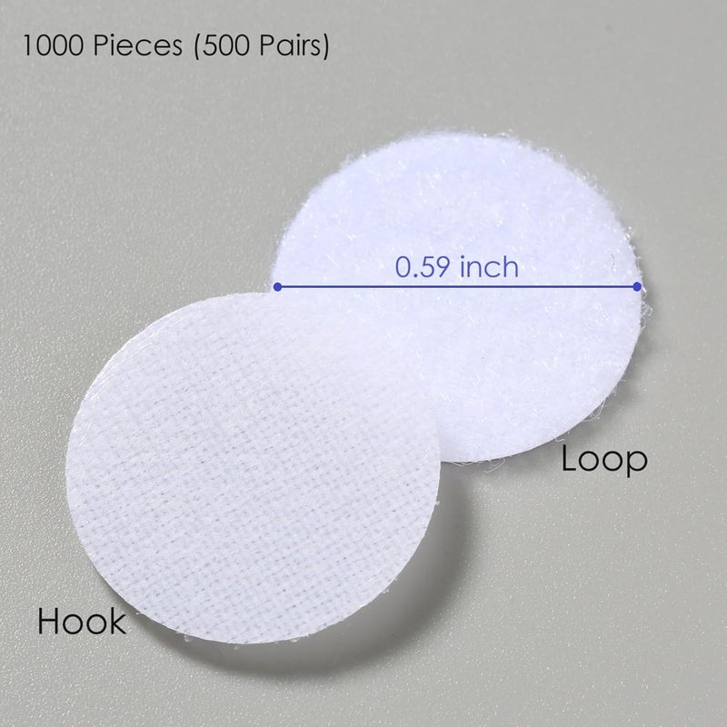 JUMINIZ 1000 Pcs (500 Pairs) 0.59inch Diameter Hook and Loop Fastener Self Adhesive Round Circle Sticky Sticker Dots for Arts and Crafts School Classroom Home and Office Use, White - Image 3
